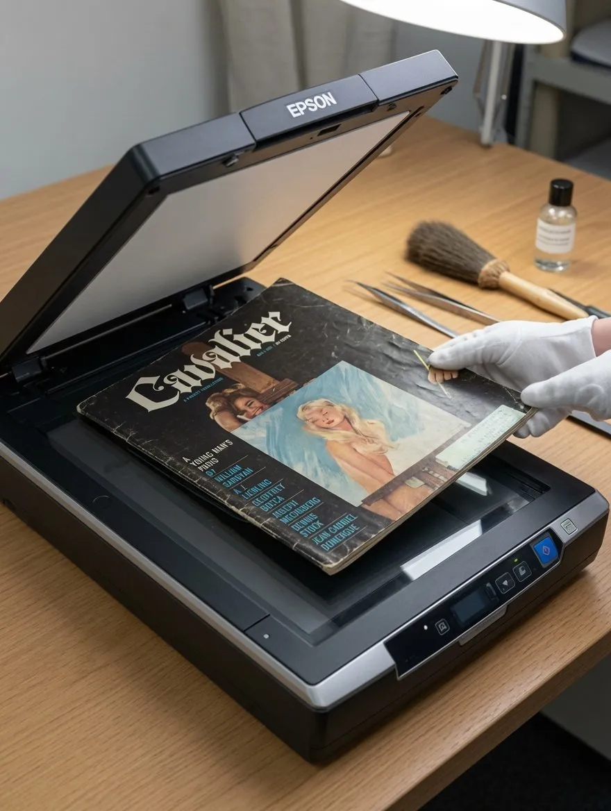 Illustration of gloved hands positioning a worn mid-century magazine on a flatbed scanner, with conservation brushes and tweezers on the bench.
